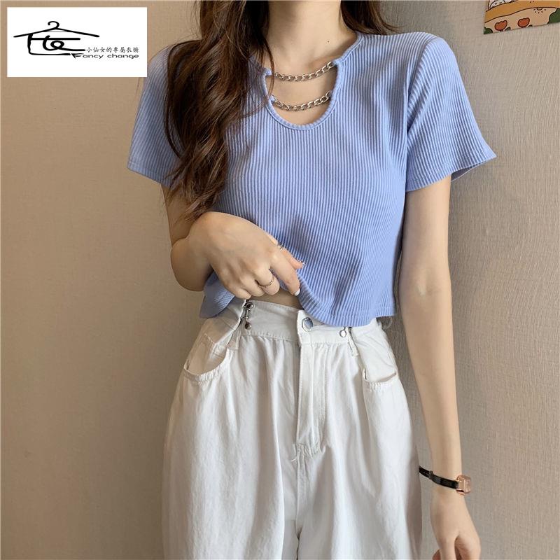 Đặc Biệt Offer ~ Áo Thun Ngắn Tay Phối Dây Xích Dáng Ôm Thời Trang Mùa Hè Dễ Phối Đồ