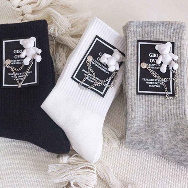 Xiangbao Vớ Cotton Có Gân Và Dây Xích Kim Loại Hình Gấu Hoạt Hình Phong Cách Hip Hop Harajuku Dễ Thương Cho Nam Và