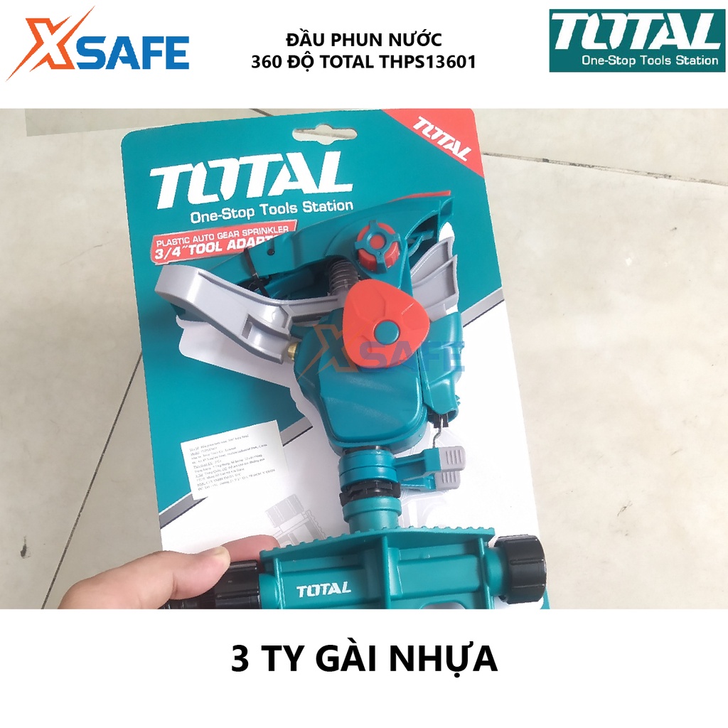Đầu phun tưới 360 độ TOTAL THPS13601 Máy tưới nước bằng nhựa Kích thước 38*17,4*6,4cm, bộ khớp nối 3/4&quot;, 3 ty gài nhựa