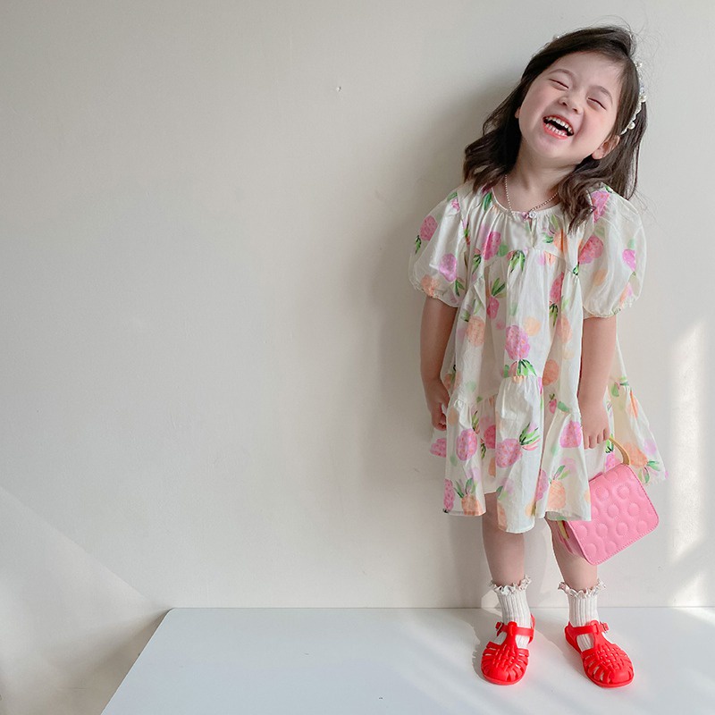 Đầm Công Chúa Tay Ngắn In Họa Tiết Dâu Tây Dáng Rộng Thời Trang Dự Tiệc Cho Bé