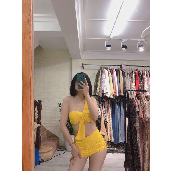 bikini áo gọng 1 vai kèm quần nhún cạp cao