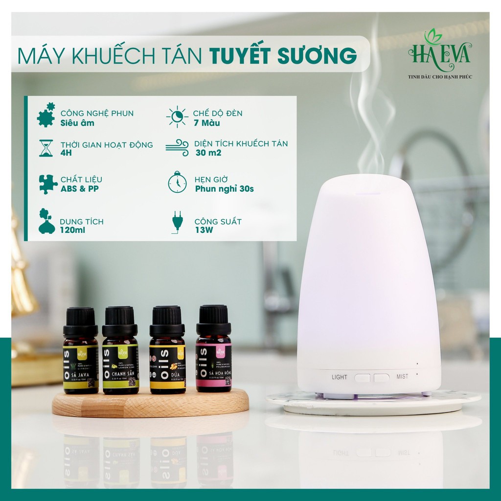 [FREESHIP & TẶNG TINH DẦU] Máy xông tinh dầu phòng ngủ Tuyết Sương HAEVA|Phun sương siêu mịn|Dung tích 300ml|BH 12 tháng