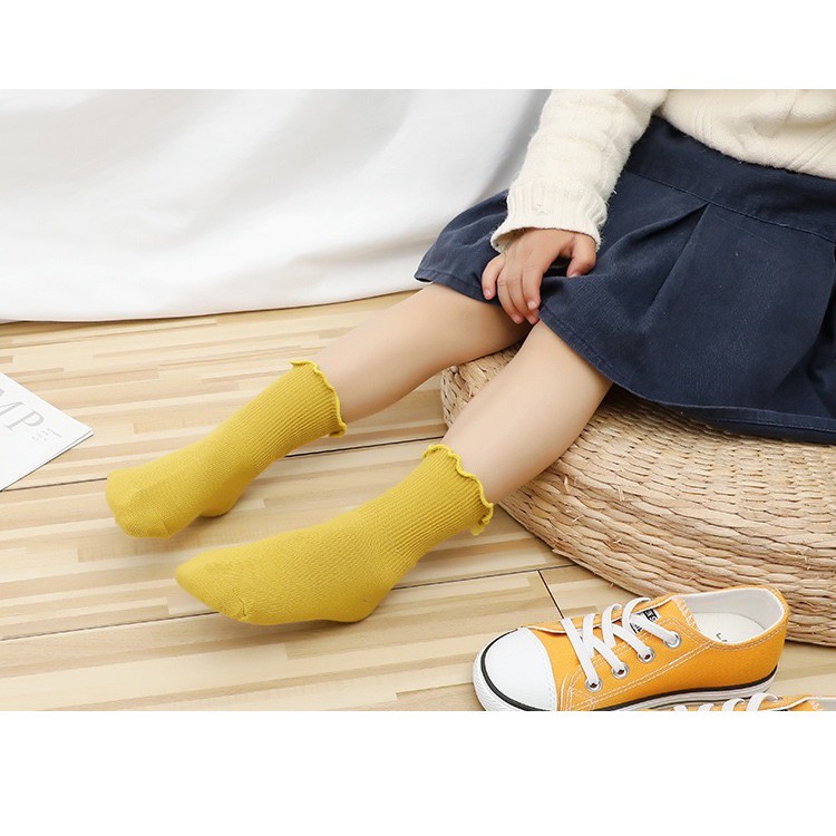 Set 4 đôi Tất bé gái ngắn cổ bèo nhún nhiều màu - vớ cho bé gái vintage 100% len cotton siêu mịn