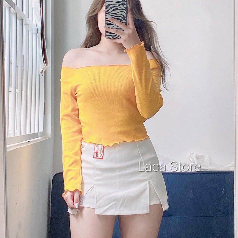 Áo Croptop Gân Cotton Dệt Kim Trễ Vai Dài Tay Ulzzang G2-1,  áo crt croptop bẹt vai cổ thuyền viền bèo quyến rũ
