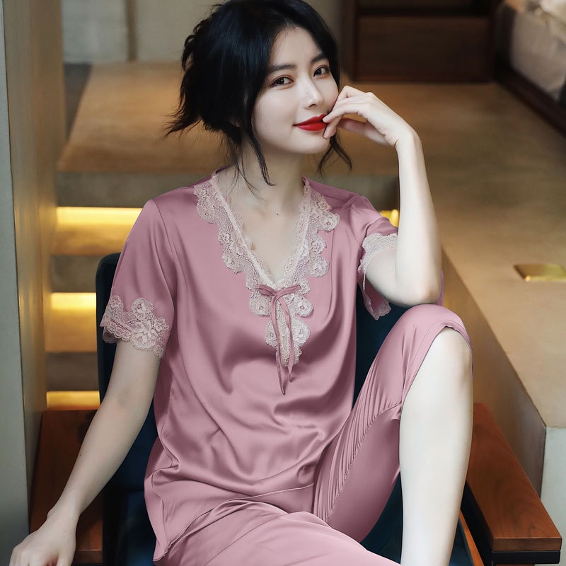 Bộ pijama nữ mùa hè vải lụa ngắn tay, bộ mặc nhà quần lửng cổ chữ V phối ren quyến rũ PN