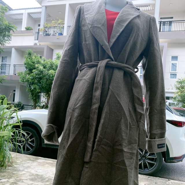 Áo khoát dạ ép dáng dài màu xám cột eo