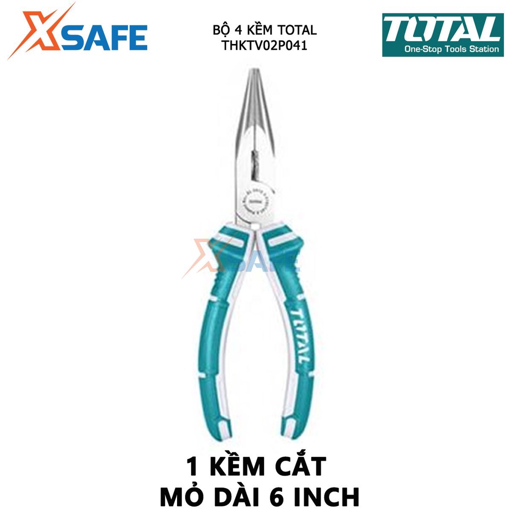 Bộ kềm 4 món TOTAL THKTV02P041 bộ 4 kìm bao gồm 1 kềm răng 8 inch, 1 kềm cắt 7 inch,1 kềm cắt mỏ dài 6 inch, 1 kềm mỏ