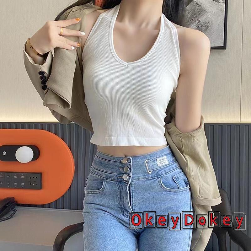 Áo Cổ Yếm Không Tay Hở Lưng Ôm Dáng Màu Trơn Thời Trang Mùa Hè Cho Nữ