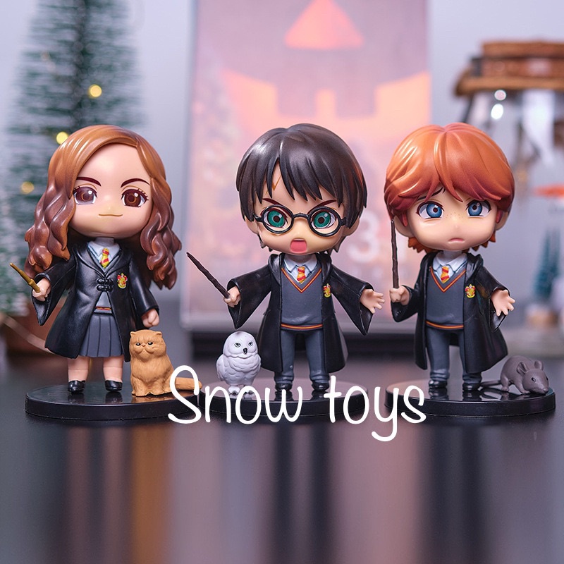 Mô hình Harry Potter - Set 3 Mô hình Harry Potter Hermione Granger Ron Weasley cùng vật nuôi Cú Mèo Chuột - Cao 9,5cm