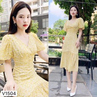 Đầm Body Đuôi Cá Vàng 💗 Đẹp DVC ❤️ Váy vàng hoa cúc trăng đuôi cá V1504