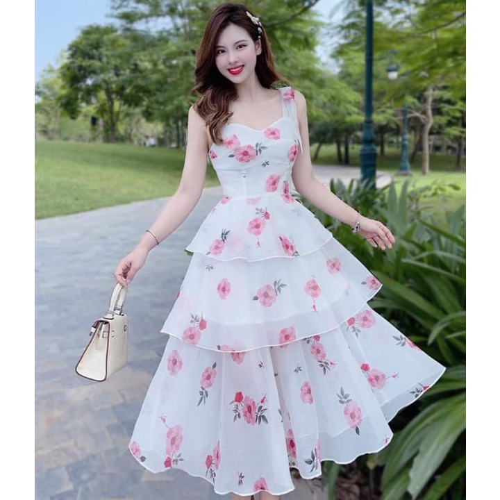 Váy hoa thiết kế voan 3 tầng TOPFASHION, đầm nữ thời trang cao cấp, phù hợp đi chơi, đi biển, du lịch