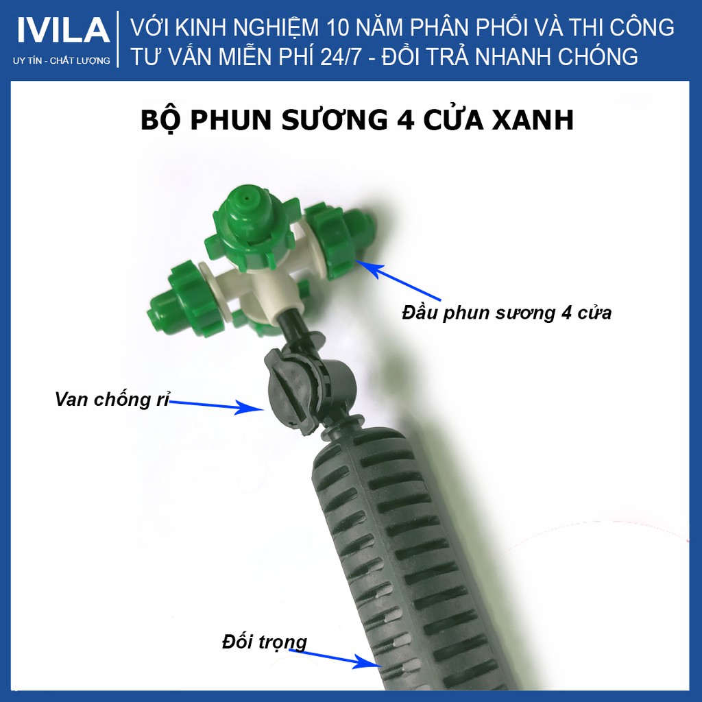 Bộ phun sương 4 cửa xanh - Béc tưới phun sương kèm van chống rò nước đầy đủ phụ kiện - Bảo hành 12 tháng