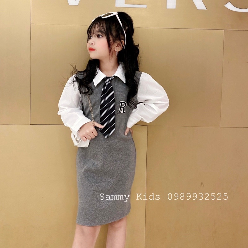 Váy Body phối tay Sơ mi kèm Calavat Hàn Quốc cho bé gái size đại 16-40kg