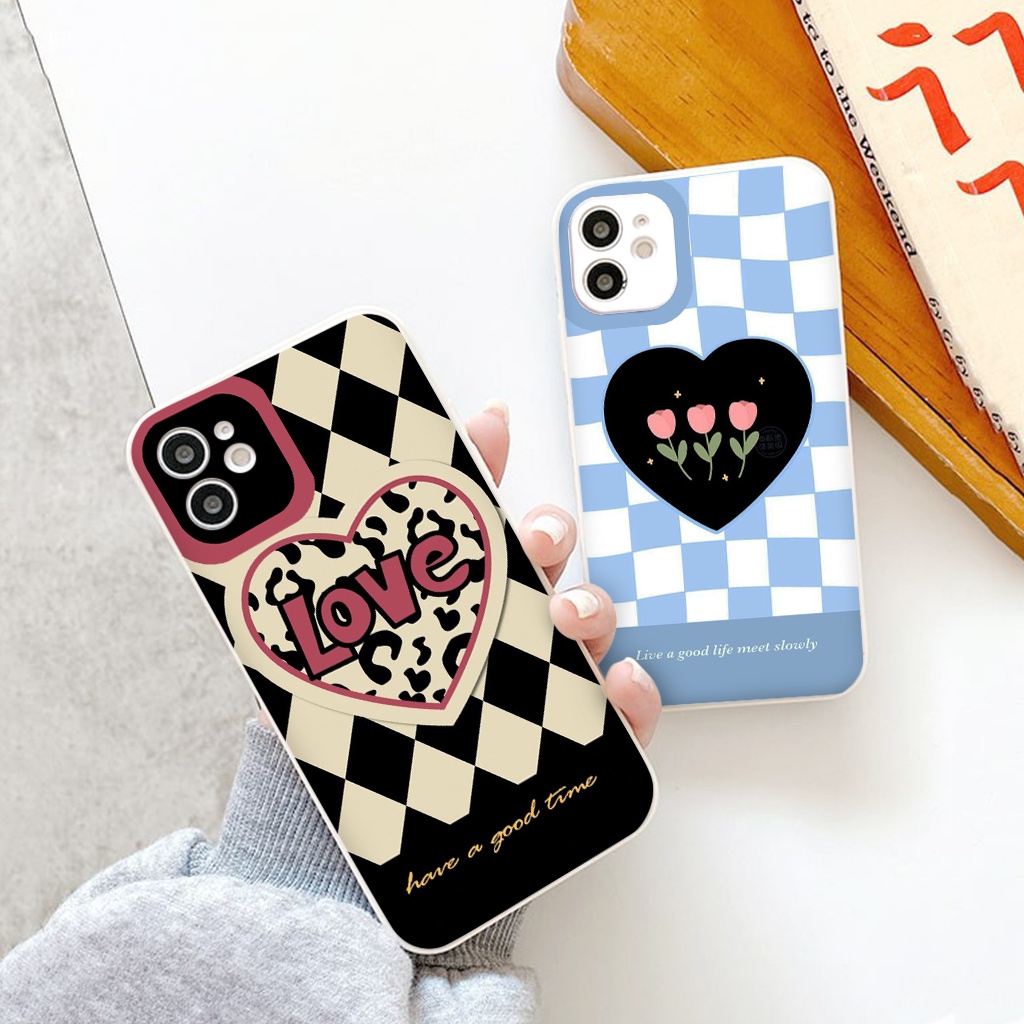 Ốp iphone 13promax hình Trái tym nền caro ốp lưng iphone 6 6plus 7 plus 8 x xr xsmax 11 promax 12 pro max 13pro vuông