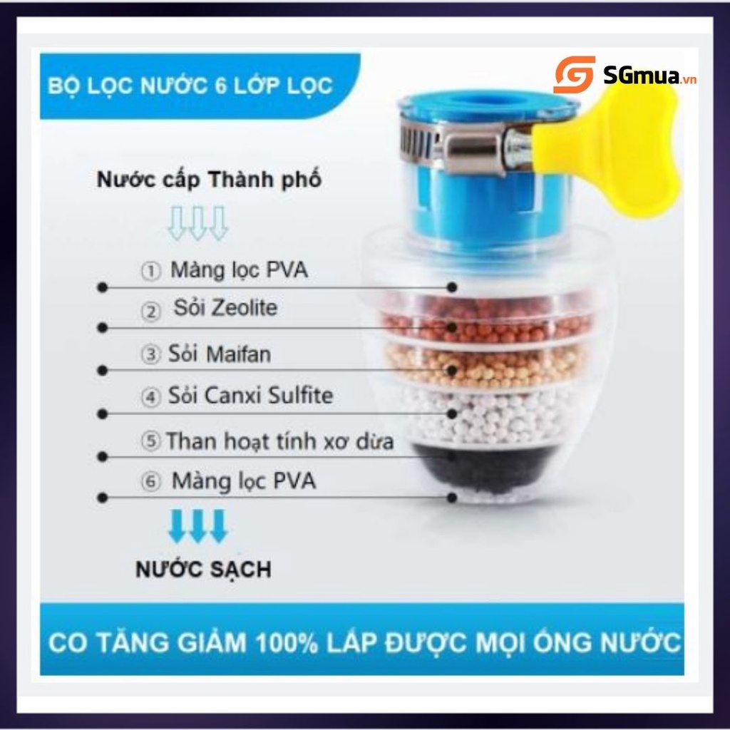 Đầu lọc nước tại vòi, đầu lọc 6 lớp lọc, loại bỏ vi khuẩn, cặn bã, vệ sinh, tiện lợi