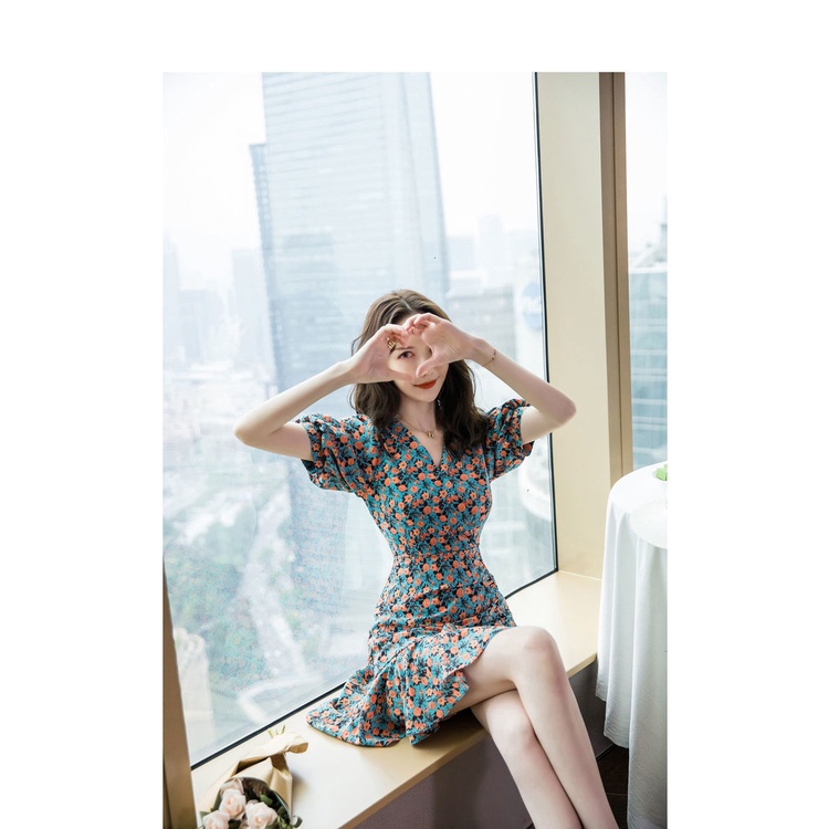Đầm tay phồng váy hoa nhí vintage váy cổ v đầm đi tiệc váy tiểu thư sang chảnh đầm nữ trung niên đầm khoét eo váy xinh nữ váy đi chơi đầm nữ