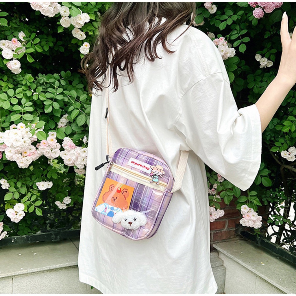 Túi đeo chéo ngăn trong suốt kẻ caro dáng chữ nhật Messenger phong cách Hàn Quốc TẶNG postcard sticker bông dễ thương