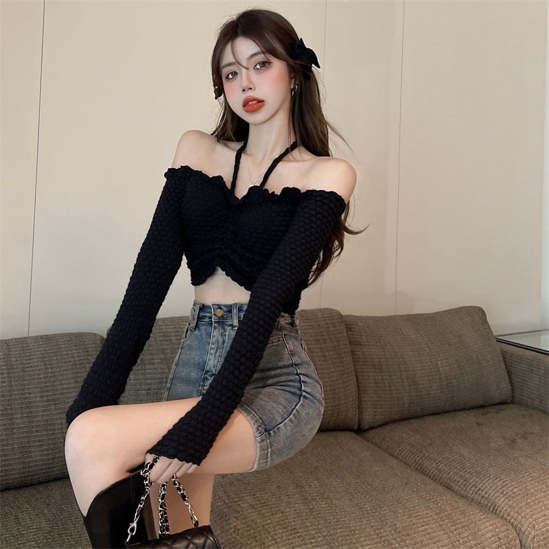 Áo Thun Tay Dài Dây Rút Co Giãn Gợi Cảm Thời Trang Hàn Quốc Cho Nữ