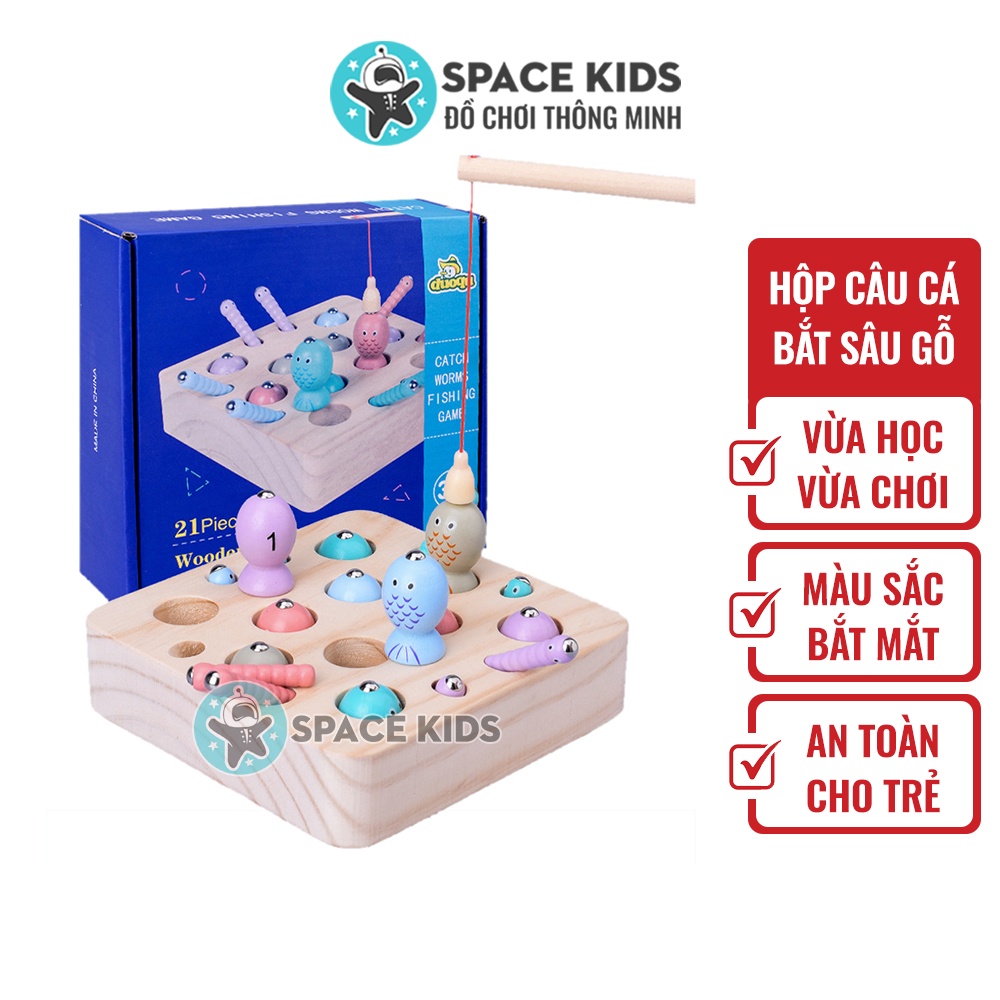 Đồ chơi gỗ cho bé câu cá, bắt sâu đế vuông nhiều màu sắc Space Kids