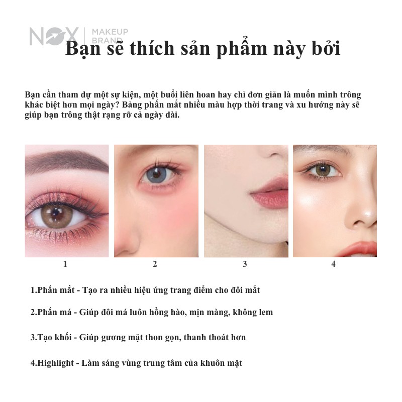 Bảng phấn mắt nhũ NOX 10 ô màu sắc lì long lanh lâu trôi không nhòe 10g