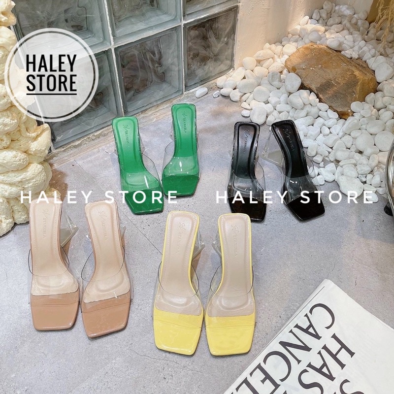 Giày guốc cao gót tam giác trong suốt HALEY STORE quai ngang khuyết mũi vuông thời trang mới nhiều màu rẻ bền đẹp