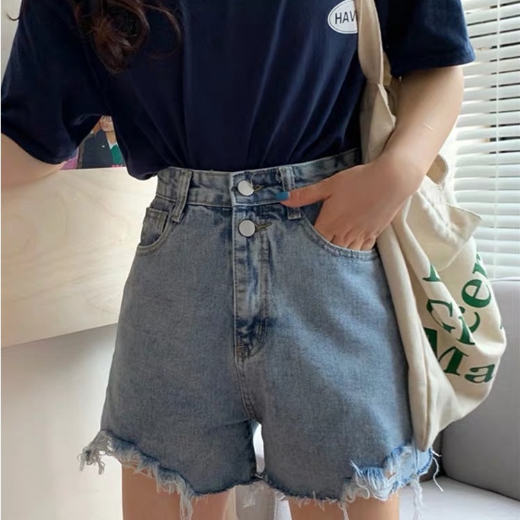 Quần Short Denim Lưng Cao Màu Xanh Nhạt Thời Trang Mùa Hè Hàn Quốc Cho Nữ