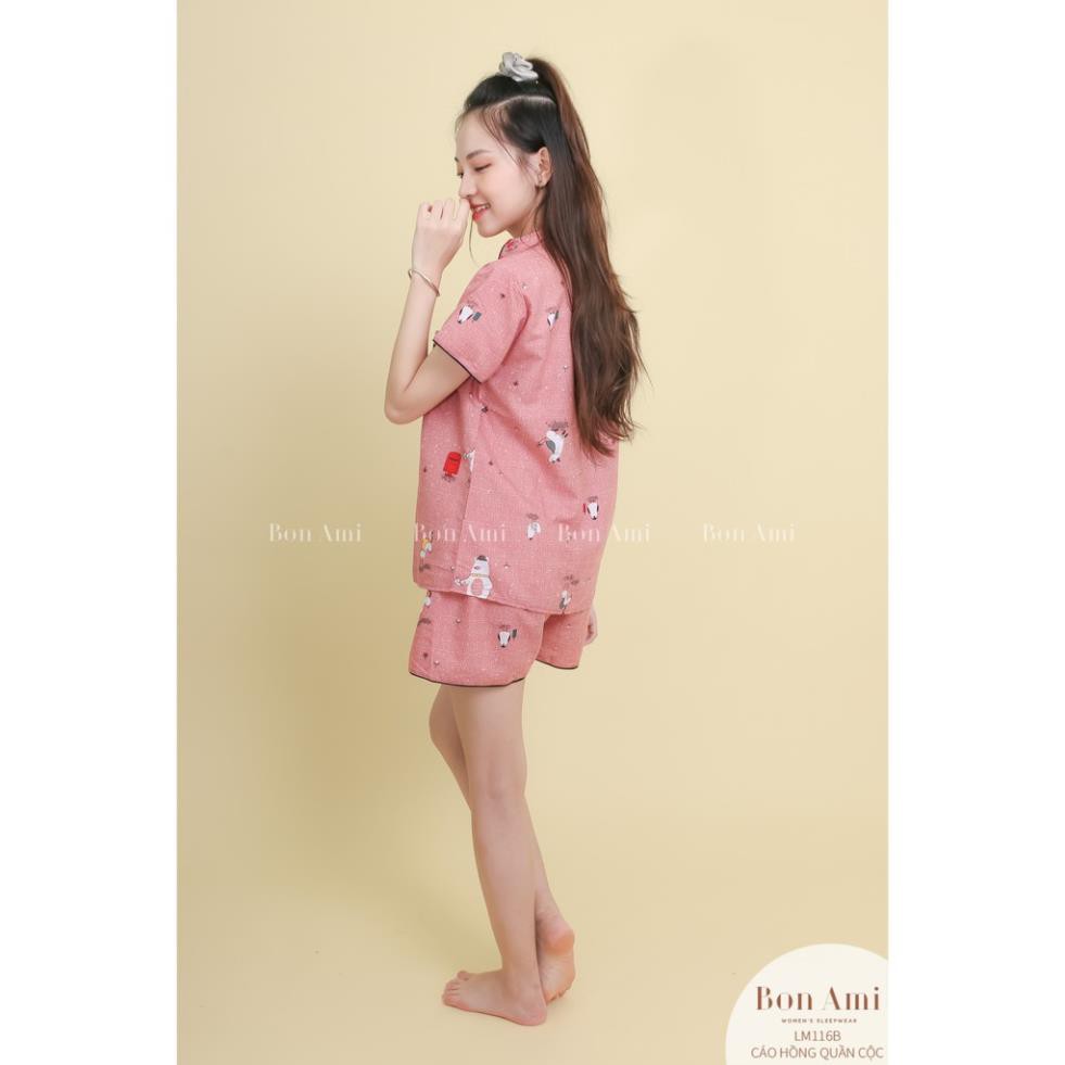 Bộ ngủ PIJAMA Cáo hồng Bon Ami Áo cộc quần cộc 100% Việt Nam thoáng mát không nhăn  ྇