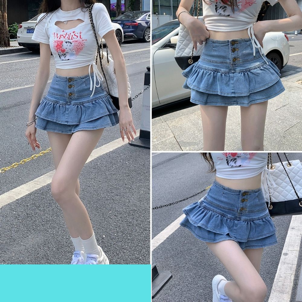 Chân váy nữ, chân váy jeans phối cúc hàn quốc màu xanh size S M L SKUCV-02B  1990clother