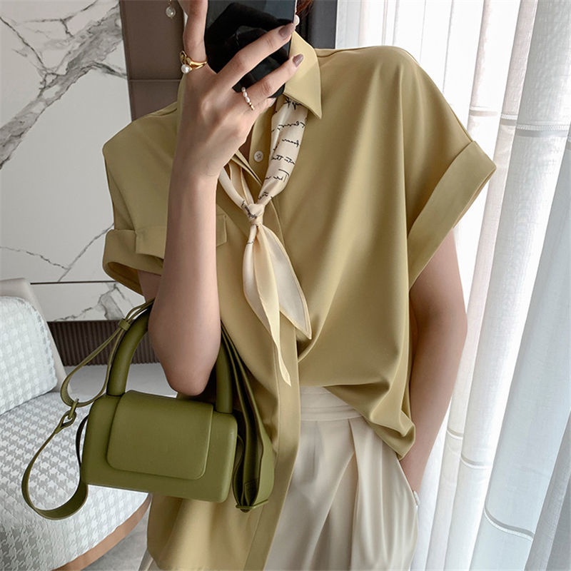 Áo Sơ Mi Chiffon Tay Ngắn Màu Trơn Dáng Rộng Phong Cách Hàn Quốc Thời Trang Mùa Hè Cho Nữ