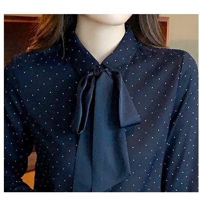 Áo Sơ Mi Chiffon Tay Dài Thắt Nơ Họa Tiết Chấm Bi Thời Trang Dành Cho Nữ