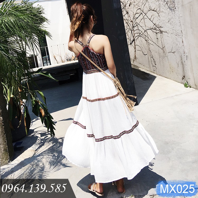 Đầm xòe maxi nữ đi biển, chất Linen mềm đẹp, họa tiết thổ cẩm tinh tế, có đủ size theo cân nặng | MX025