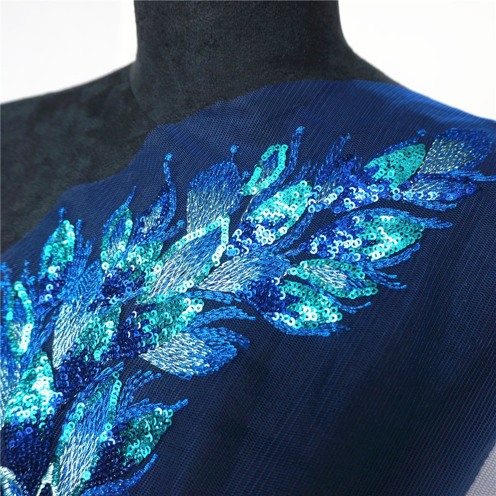 Vải Ren Thêu Hoa Đính Kim Sa Màu Xanh Dương Dùng May Cổ Áo Váy Cưới diy