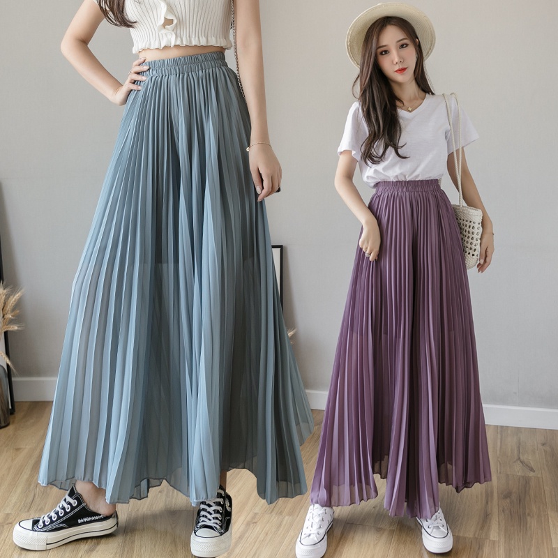Quần Chiffon ống rộng lưng cao co giãn xếp ly màu trơn mới cho nữ