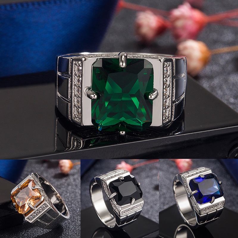 Nhẫn Cưới Thép Titan Mạ Bạc 925 Đính Đá Zircon Xanh Đỏ Thời Trang Cho Nam