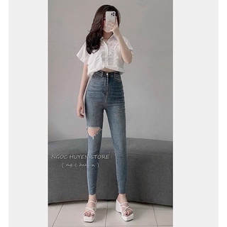 Quần jeans ôm cạp cao hack dáng màu siêu tây
