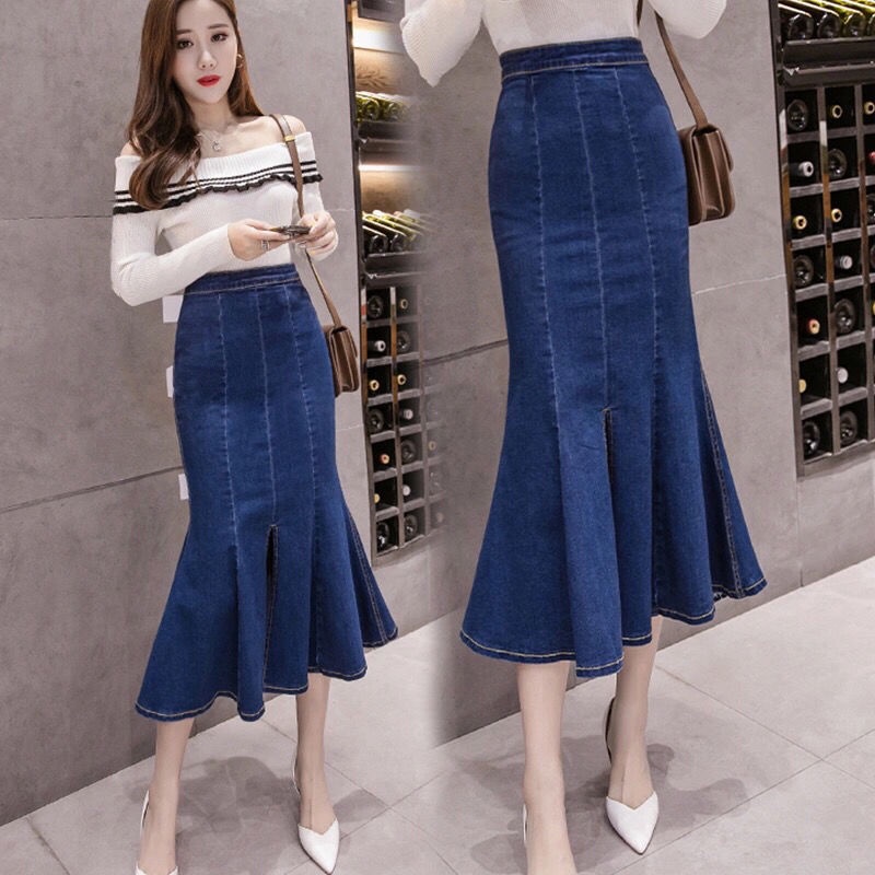 Chân váy bò cạp cao dáng dài ôm mông xòe đuôi cá gợi cảm tôn dáng style Hàn Quốc | BigBuy360 - bigbuy360.vn