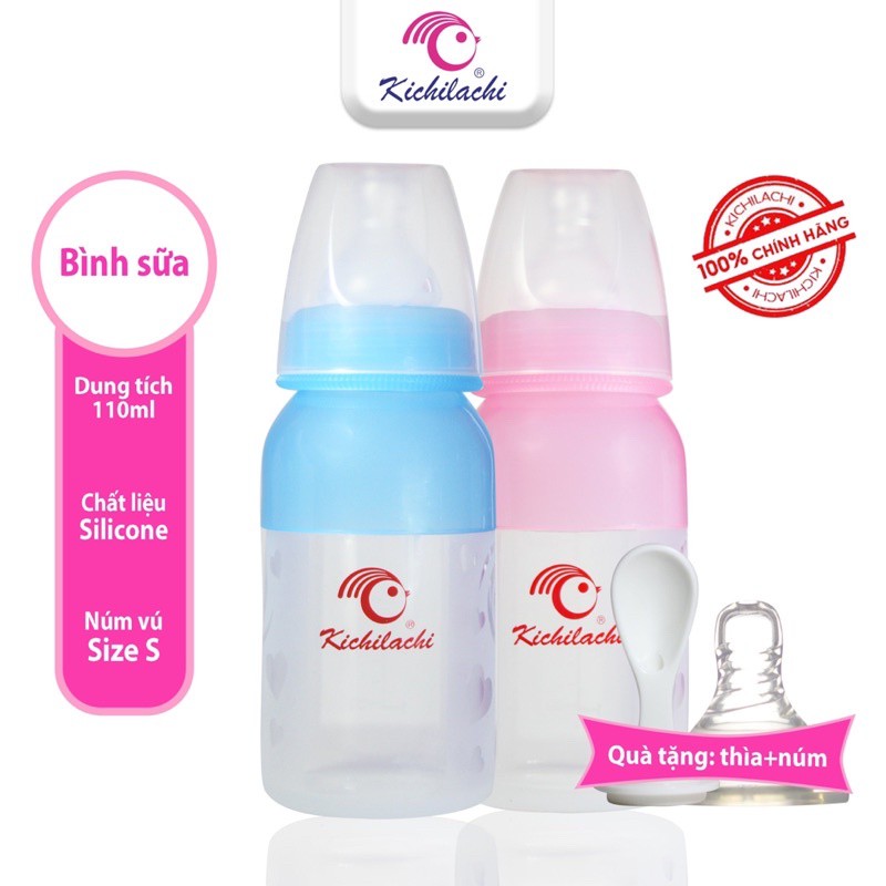 Bình sữa silicone cổ hẹp Kichilachi dung tích110ml núm ti siêu mềm chống đầy hơi khó tiêu