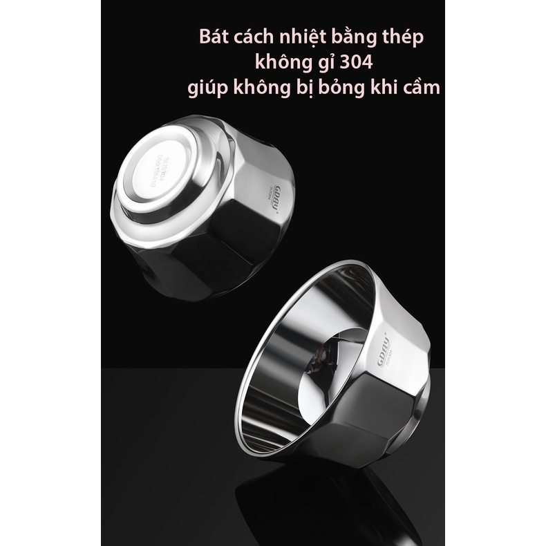 Bát inox, bát ăn inox 304 hai lớp cách nhiệt , cứng, bền, cách nhiệt, thiết kế kim cương GDAY - LOKING