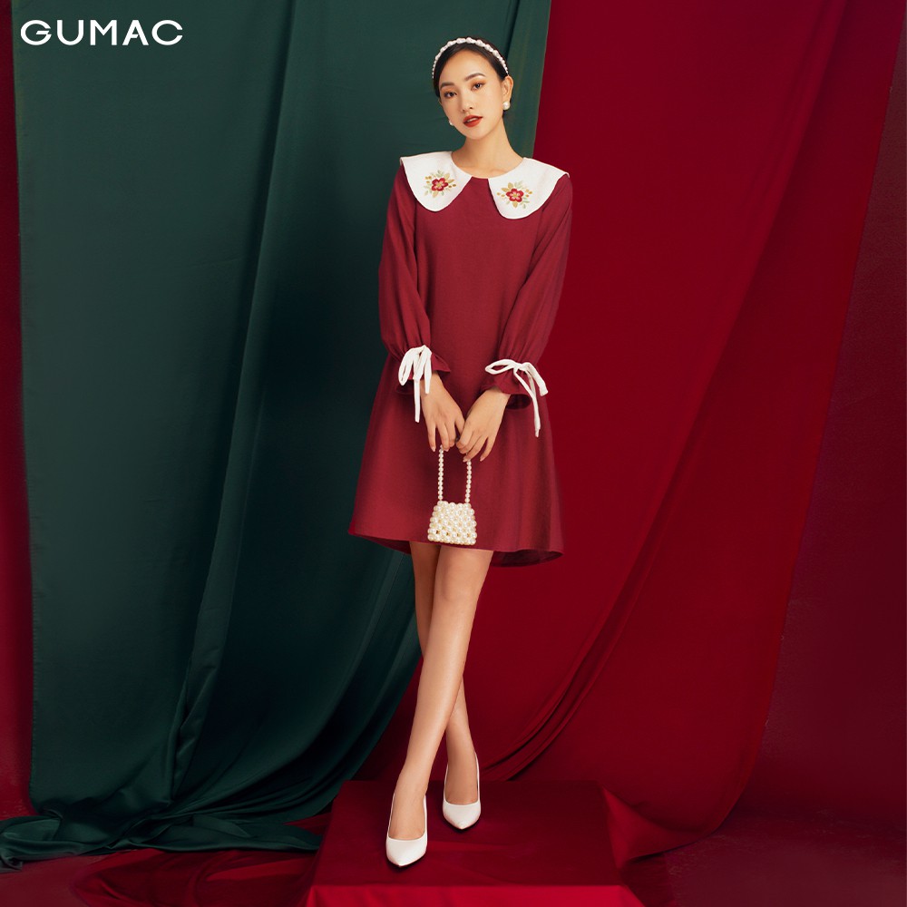 Đầm suông nữ mới đẹp thêu lá GUMAC thời trang nữ màu đỏ cực quyến rũ đủ size DB1156