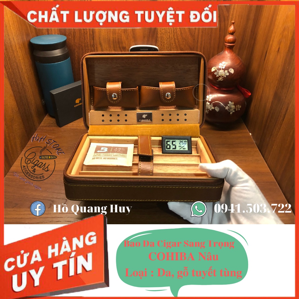 Bao da cao cấp Cigar Mini 4 điếu - Bao đựng Cigar Humidor ( Ruột Gỗ Tuyết Tùng)