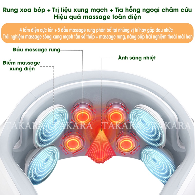 Máy Massage Cổ Vai Gáy, Mát Xa Xung Điện Cùng 5 Đầu Rung Takara Trị Liệu Nhức Mỏi JT88 BH 12 Tháng