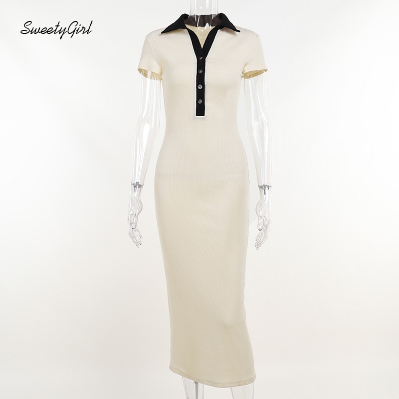 Đầm Ôm Dáng Ngắn Tay Cổ Bẻ Phối Màu Tương Phản Thời Trang Quyến Rũ Dành Cho Nữ 2022