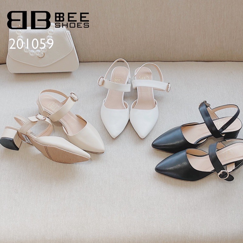 BEESHOES - GIÀY BÚP BÊ NỮ MŨI NHỌN QUAI HẬU KHUY D - GIÀY BÚP BÊ NỮ ĐẾ VUÔNG CAO 3 PHÂN SẴN MÀU ĐEN - BE - TRẮNG 201059