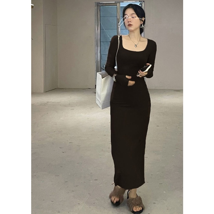 ZHELIHANGFEI Đầm Dệt Kim Tay Dài Cổ Vuông Xẻ Tà Nhấn Eo Quyến Rũ Thời Trang Cho Nữ