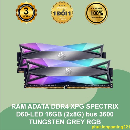 RAM MÁY TÍNH ADATA DDR4 XPG SPECTRIX D60-LED 16GB (2x8G) bus 3600 TUNGSTEN GREY RGB - Hàng Chính Hãng