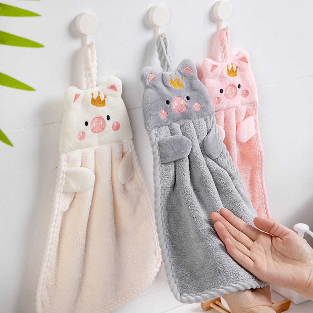 Khăn lau tay treo tường hình chú heo dễ thương kèm dây buộc tiện dụng cho gia đình