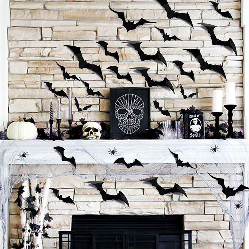 Set 12 / 28 / 60 / 120 Sticker Dán Tường Chống Nước Hình Dơi 3D Màu Đen Trang Trí Halloween