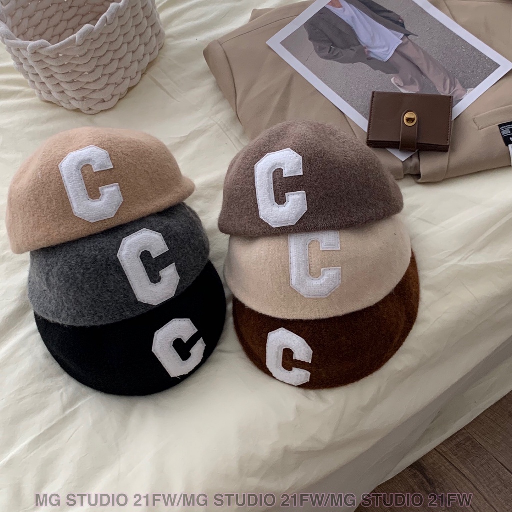 Mũ beret MG STUDIO len thêu chữ cái C 6 màu sắc tùy chọn