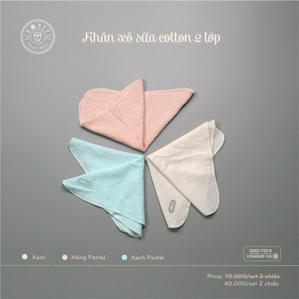 Set 2 khăn sữa xô cotton cho bé Hrnee 30x30cm, khăn sữa 2 lớp cho bé sơ sinh - Monnie Kids