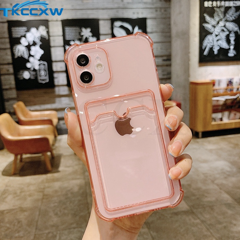 Ốp Điện Thoại Dẻo Trong Suốt Có Ngăn Đựng Thẻ Chống Sốc Cho Iphone 12 Mini 11 Pro Max XR 7 8 Plus SE2